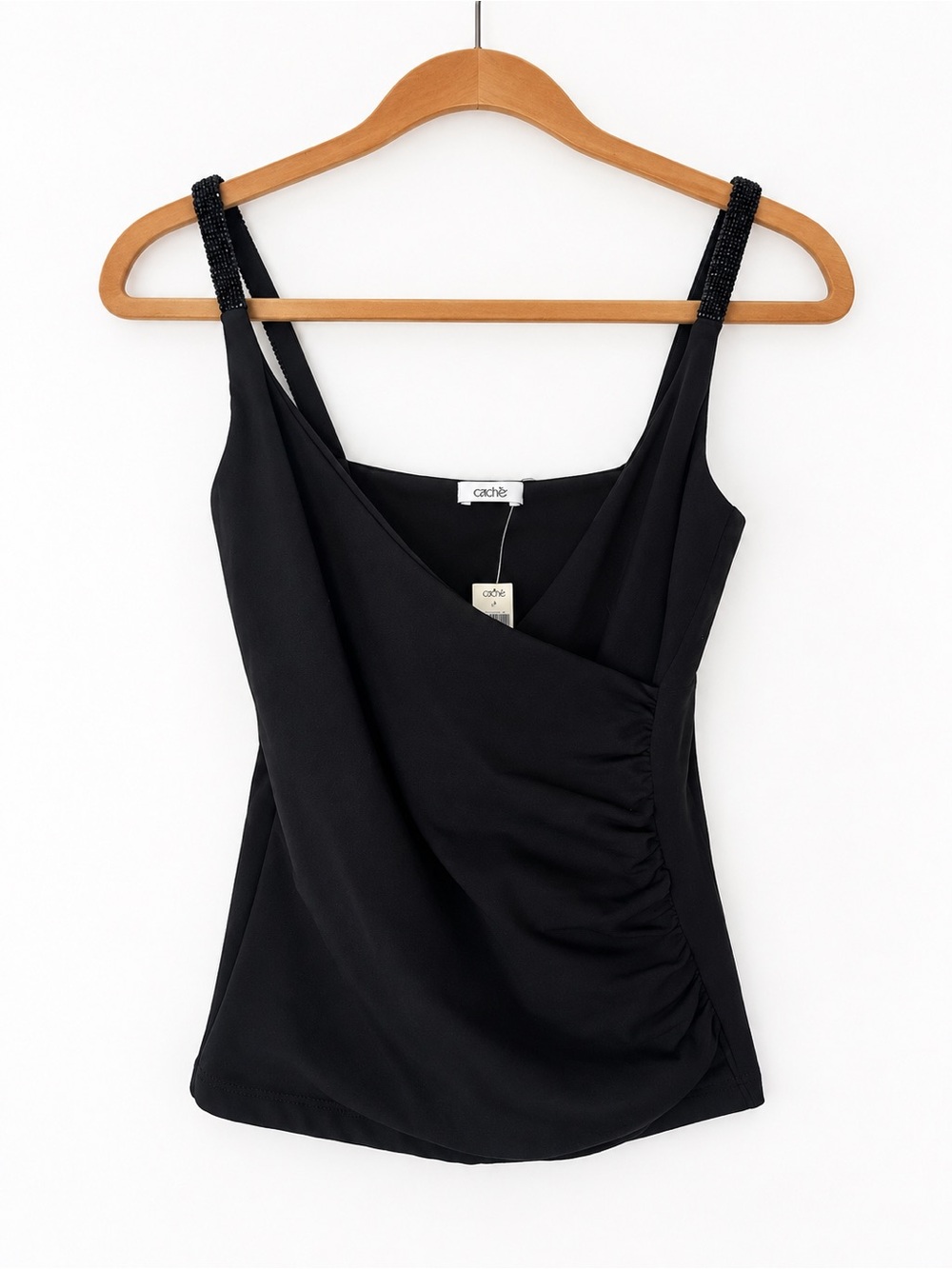 Cache Black Beaded Strap Ruched Stretch Camisole Top NWT Y2K small